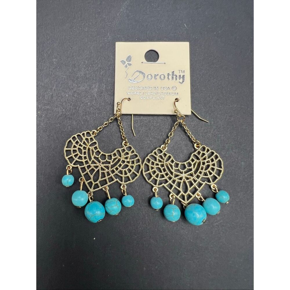 New! Dorothy Gold Tone Filigree Faux Turquoise Beads Dangle Chandelier Earrings